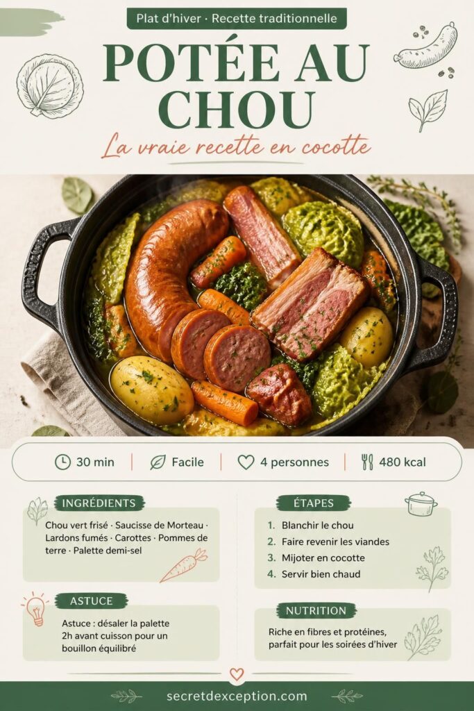 Potée au chou vert frisé avec saucisse de Morteau et légumes d'hiver en cocotte, vue du dessus